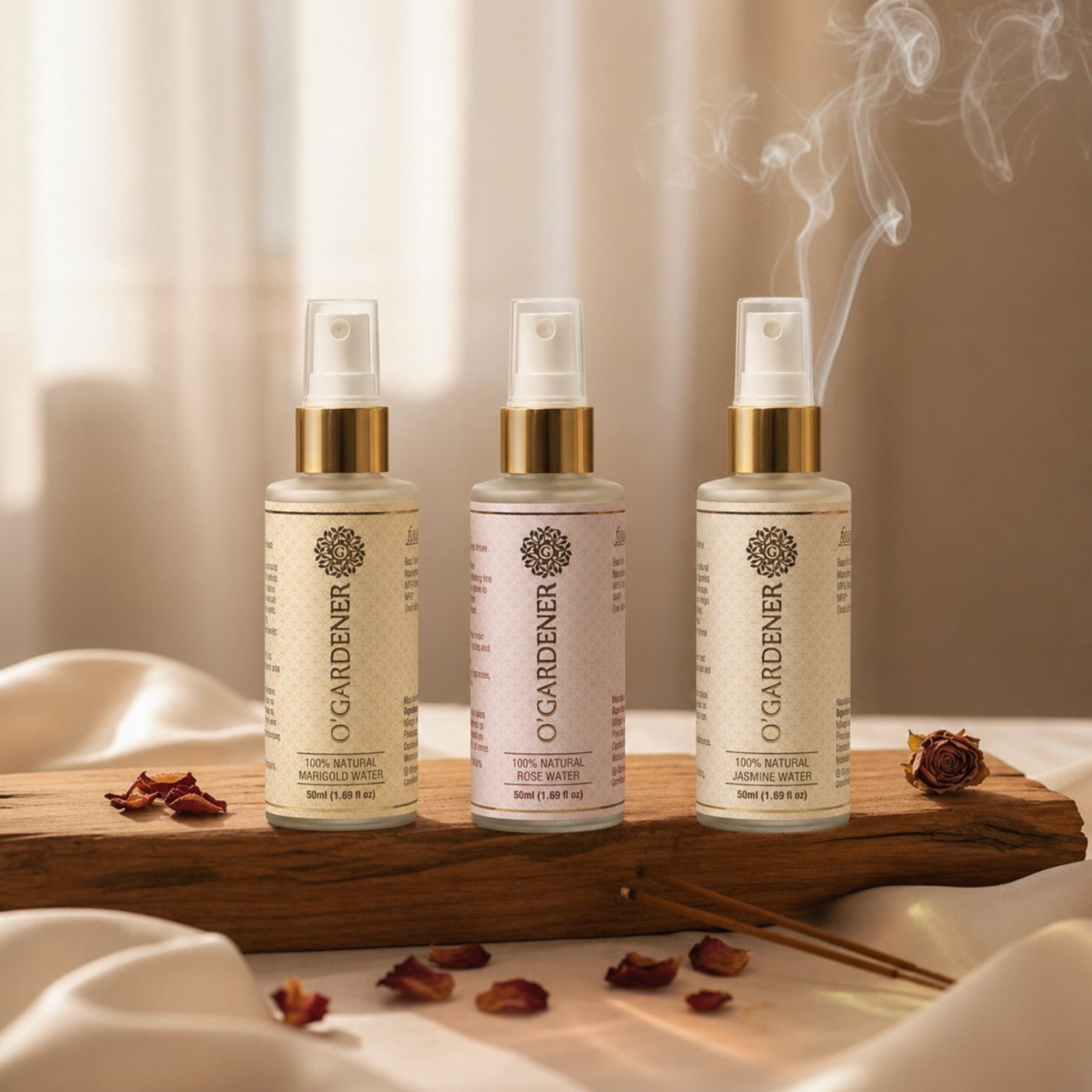 Floral Water Combo Set of 3 - Rose Water, Jasmine/Mogra Water, Marigold Water 50 ml Glass Spray Bottles
