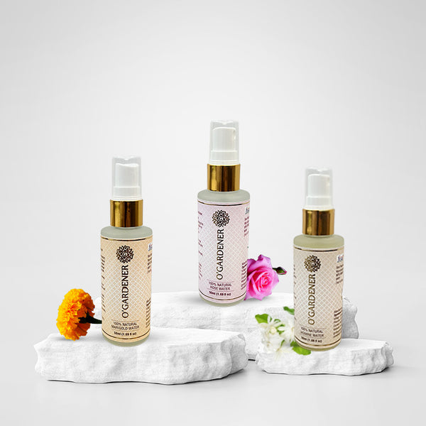 Floral Water Combo Set of 3 - Rose Water, Jasmine/Mogra Water, Marigold Water 50 ml Glass Spray Bottles